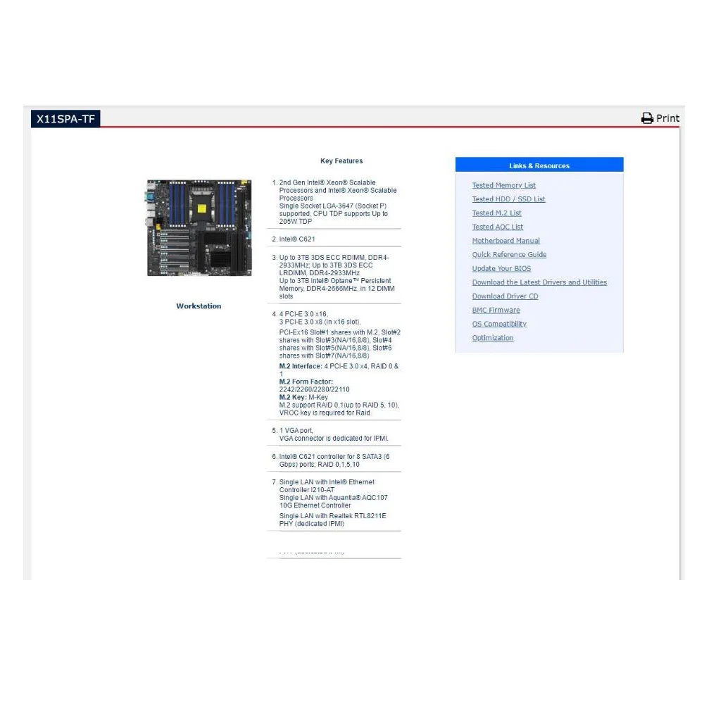 For Supermicro X11SPA-TF Workstation Motherboard Single-channel LGA 3647 10 Gigabit Ethernet Port C621 Chip