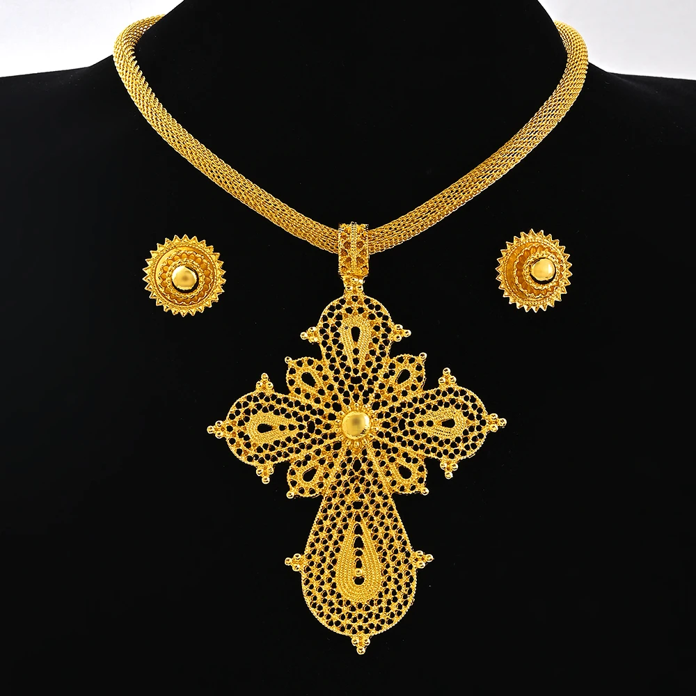 24K Gold Color Ethiopia Women Jewelry Necklace Earring  African Arab Bridal Set Habesha Eritrea Party Gift