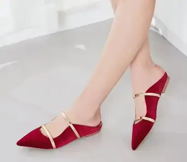 

Fashion Women Black Red Pink Velvet Silk Pointed Toe Double Strap Flat Slingback Slippers Ladies Leisure Mules Loafers Shoes