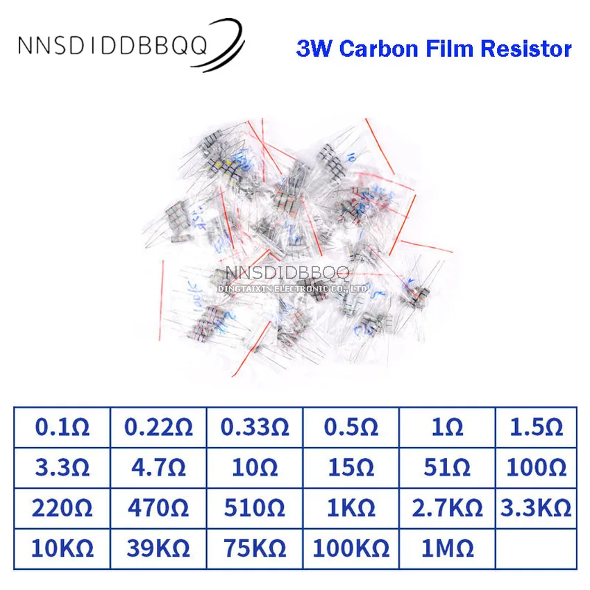 3W DIP Carbon Film Resistor Kit  Sample Package 1K-820K Common 30 Values,5PCS of Each Value