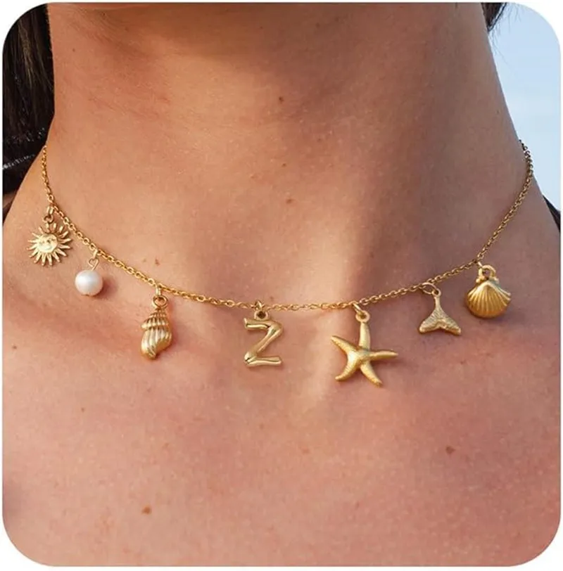 

Initial Charm Necklace For Women Shell Letter Necklaces Gold Charms Pendant Boho Summer Seashell Beach Starfish Surfer Jewelry