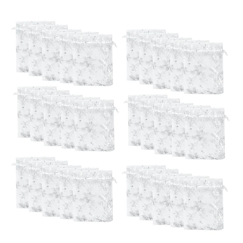 SCLS 100 قطعة أكياس الأورجانزا ندفة الثلج عيد الميلاد 4X6 بوصة أكياس عيد الميلاد مع أكياس شبكية الرباط لعيد الميلاد
