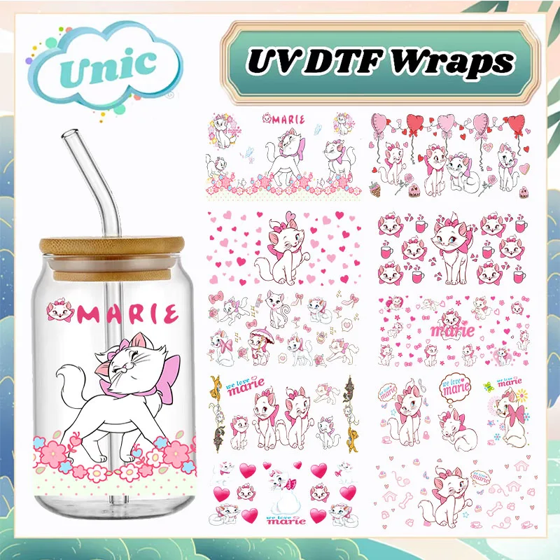 Disney Marie Cat UV DTF Transfer Sticker Cartoon For 16oz Glass Cup Wraps Can Bottle Selfadhesive Washable Custom Sticker Label