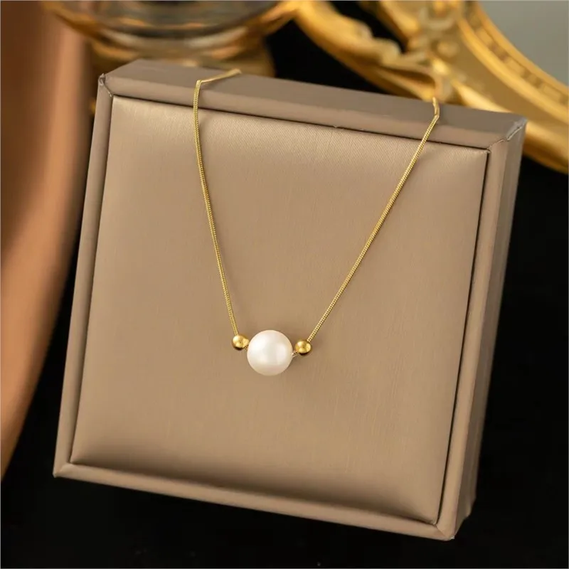 ANENJERY 316L Stainless Steel Imitation Pearl Pendant Necklace for Women Niche All-match Jewelry Accessory