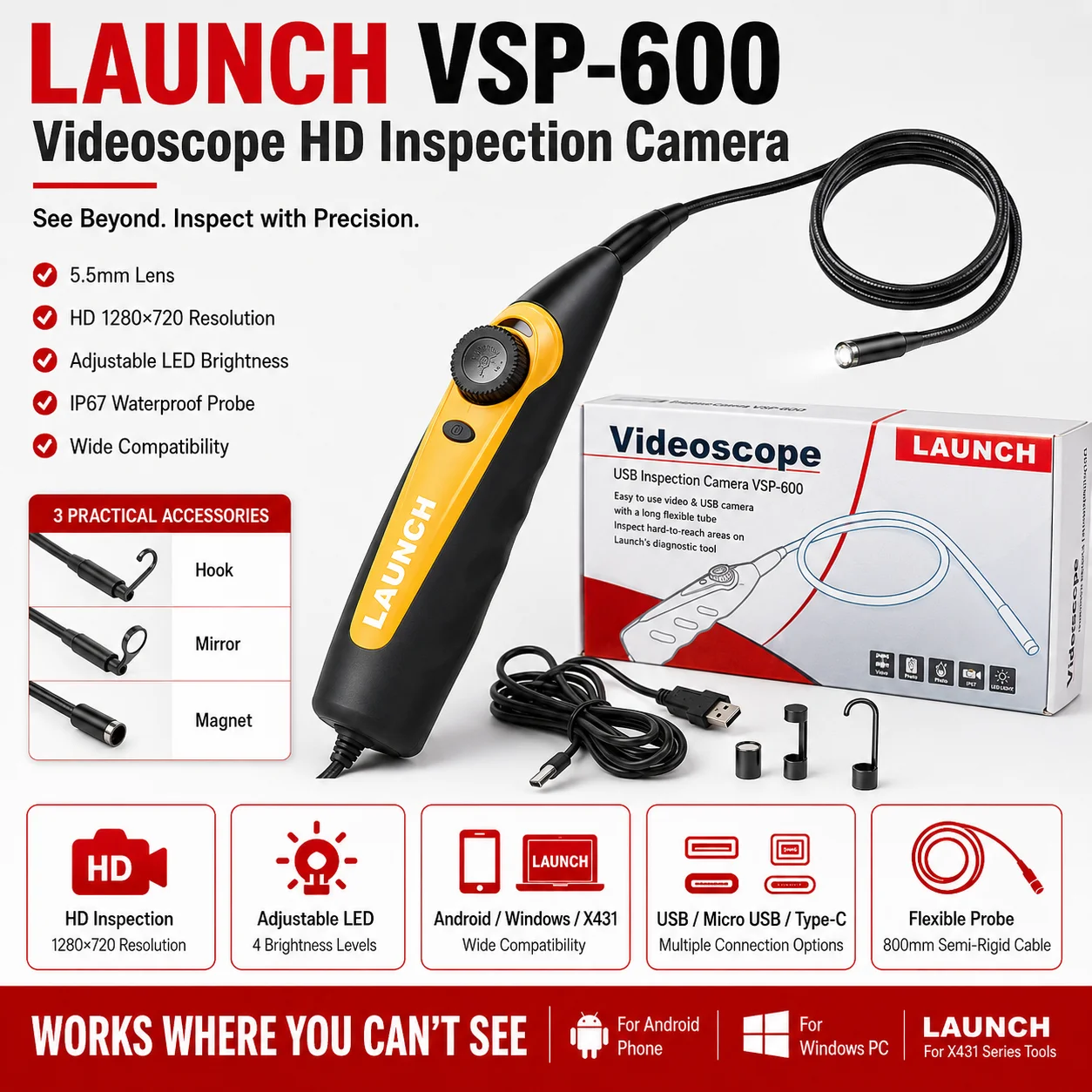 LAUNCH VSP600 Videoscope 5.5mm Ultra-Thin HD Borescope Inspection Camera for X431, Capturing Video/Images in Hard-to-Reach Areas
