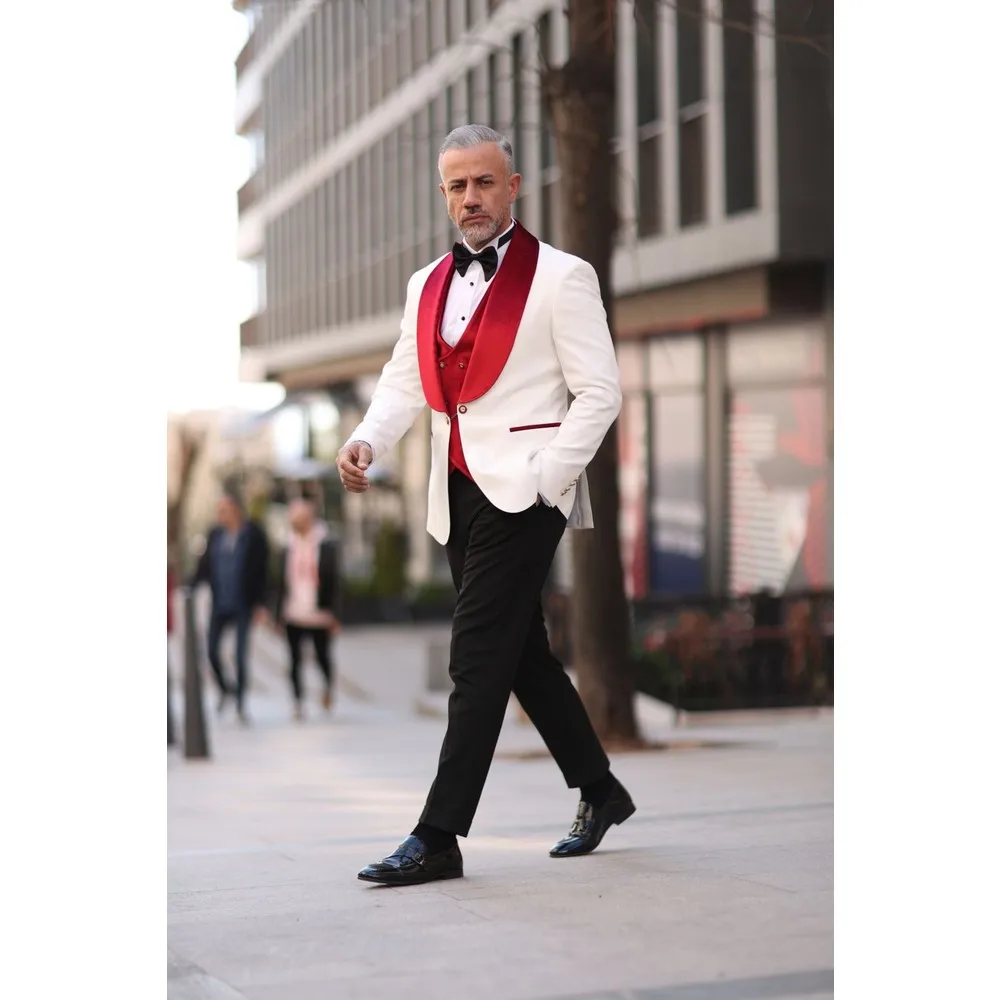 Red White Men Wedding Tuxedos Velvet Shawl Lapel Mens Tuxedos Outfits Business Formal Wear Jacket Pants Suits 3 Pieces