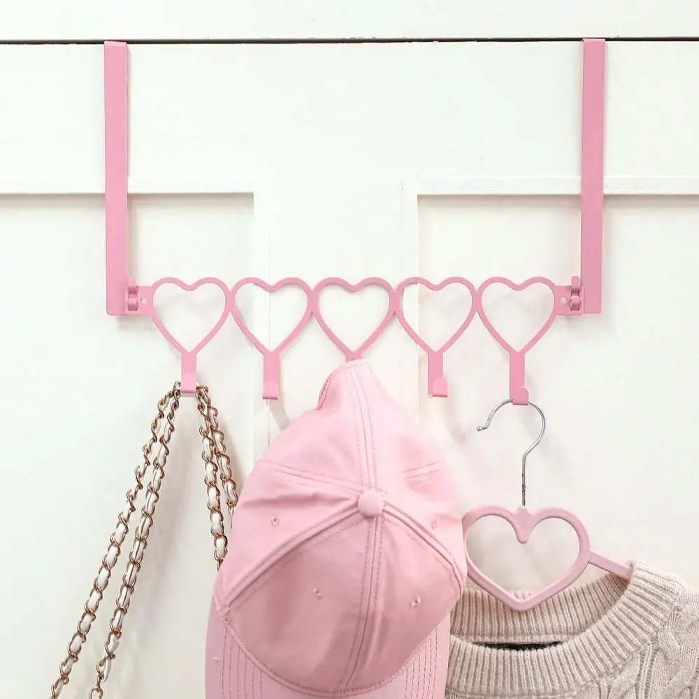 1pc Pink Heart-Shaped Over-The-Door Hook Wall-Mounted Towel Rack With 5 Hooks Cute Farmhouse Style Home Decor For Bedroom Bathroom Kitchen Hanging Organizer For Towels Hats Clothes Bags Coats Accessories Storage Solution