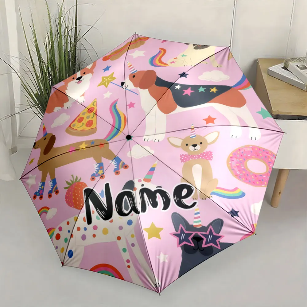Custom Name Umbrella,Cute Cartoon Dogs with Unicorn Horns and Rainbow Design Umbrella Folding Umbrella for Sunny and Rainy,Gift