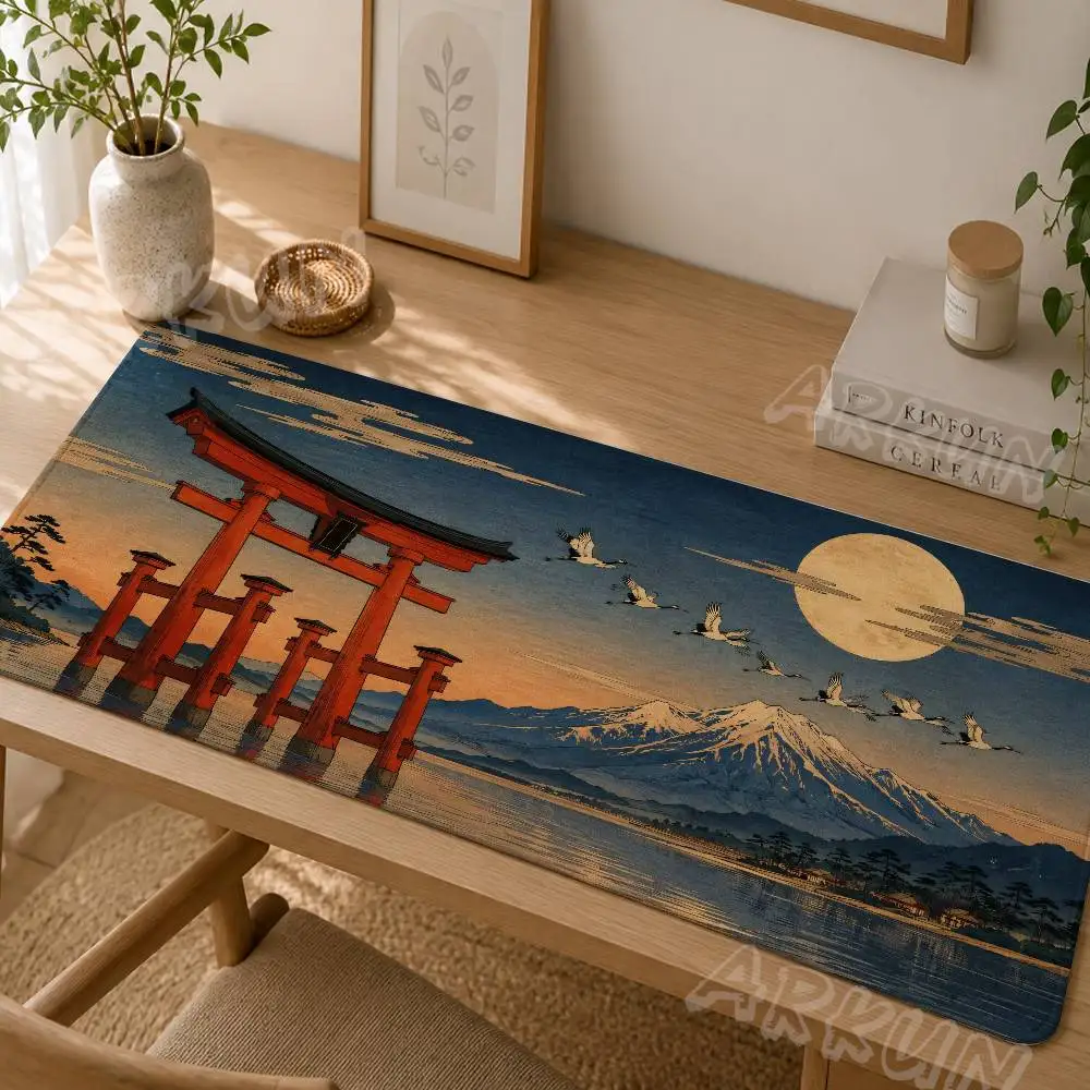 Japanese Ukiyo‑e Style Large Mouse Pad Torii Gate Mount Fuji Full Moon Crane Art Gaming Mousepad Non‑Slip Rubber Desk Mat
