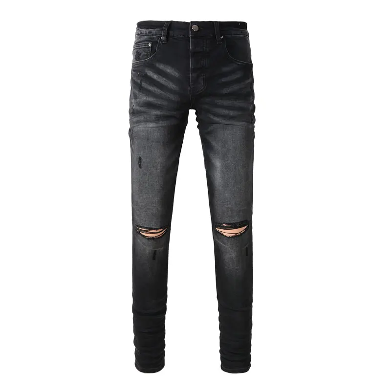 Designer fashion new men's black jeans washed nostalgic stretch slim fit jeans hip-hop brand pants y2k