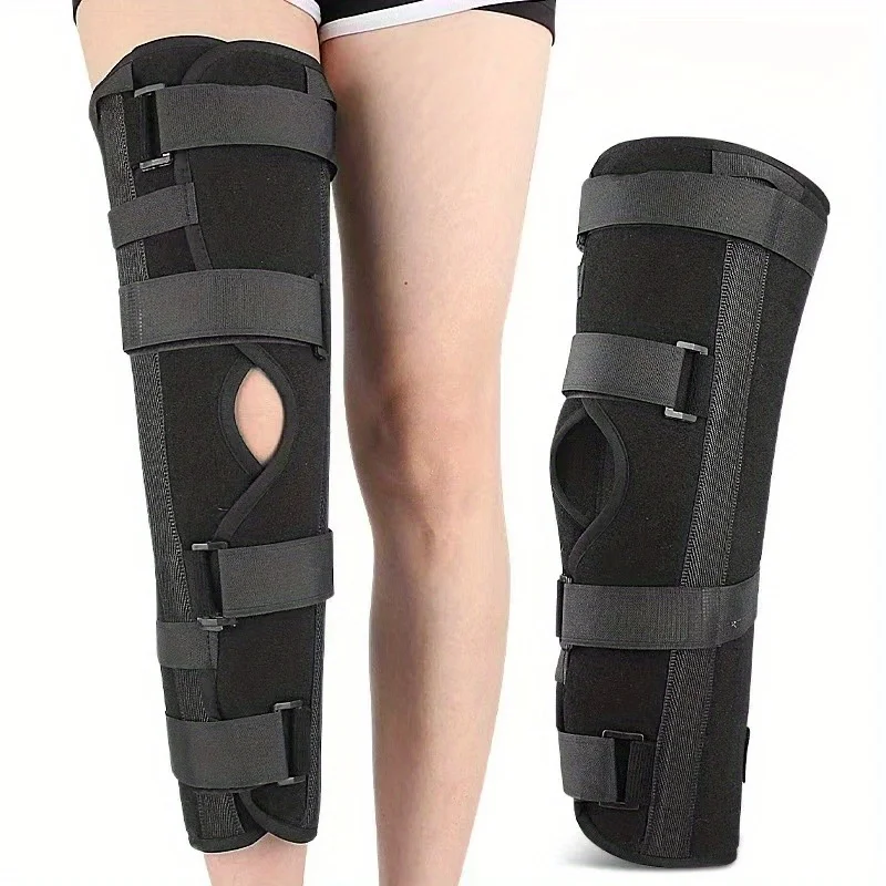 Verstellbarer Knieband- und Meniskus-Stabilisator mit langem Beinstützgurt, mit Platten und Schnallenverschluss.