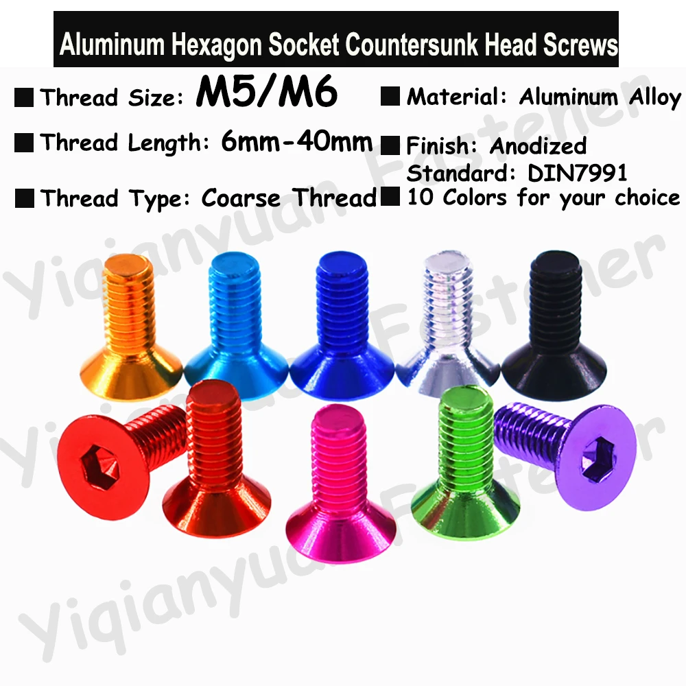 

2Pcs-5Pcs M5 M6 DIN7991 Colourful Aluminum Hexagon Socket Countersunk Head Screws Allen Key Screws with Coarse Thread 10 Colors