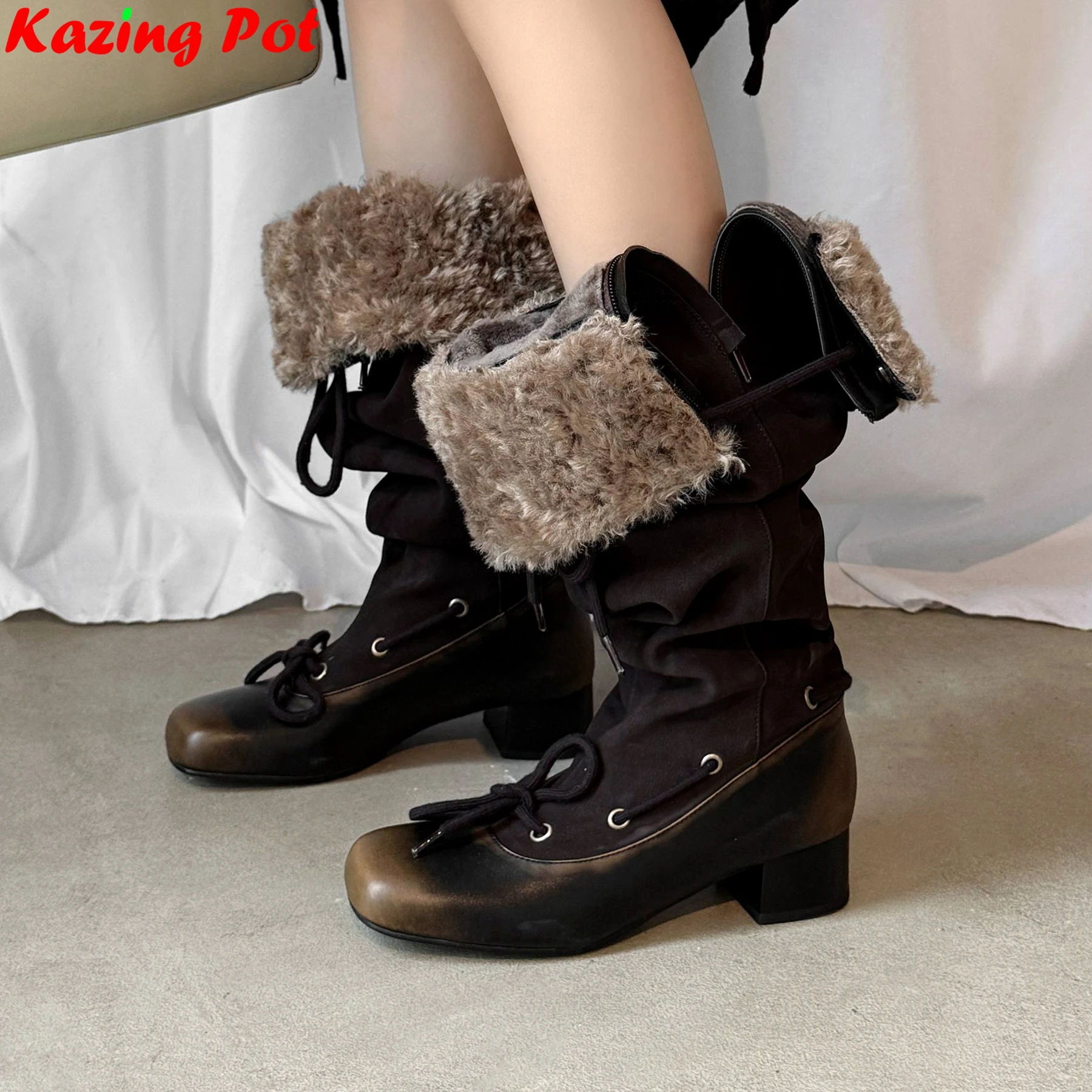

Superstar Cow Leather Round Toe Med Heels Modern Boots Dating Autumn Winter Shoes Concise Catwalk Pleated Women Knee-high Boots