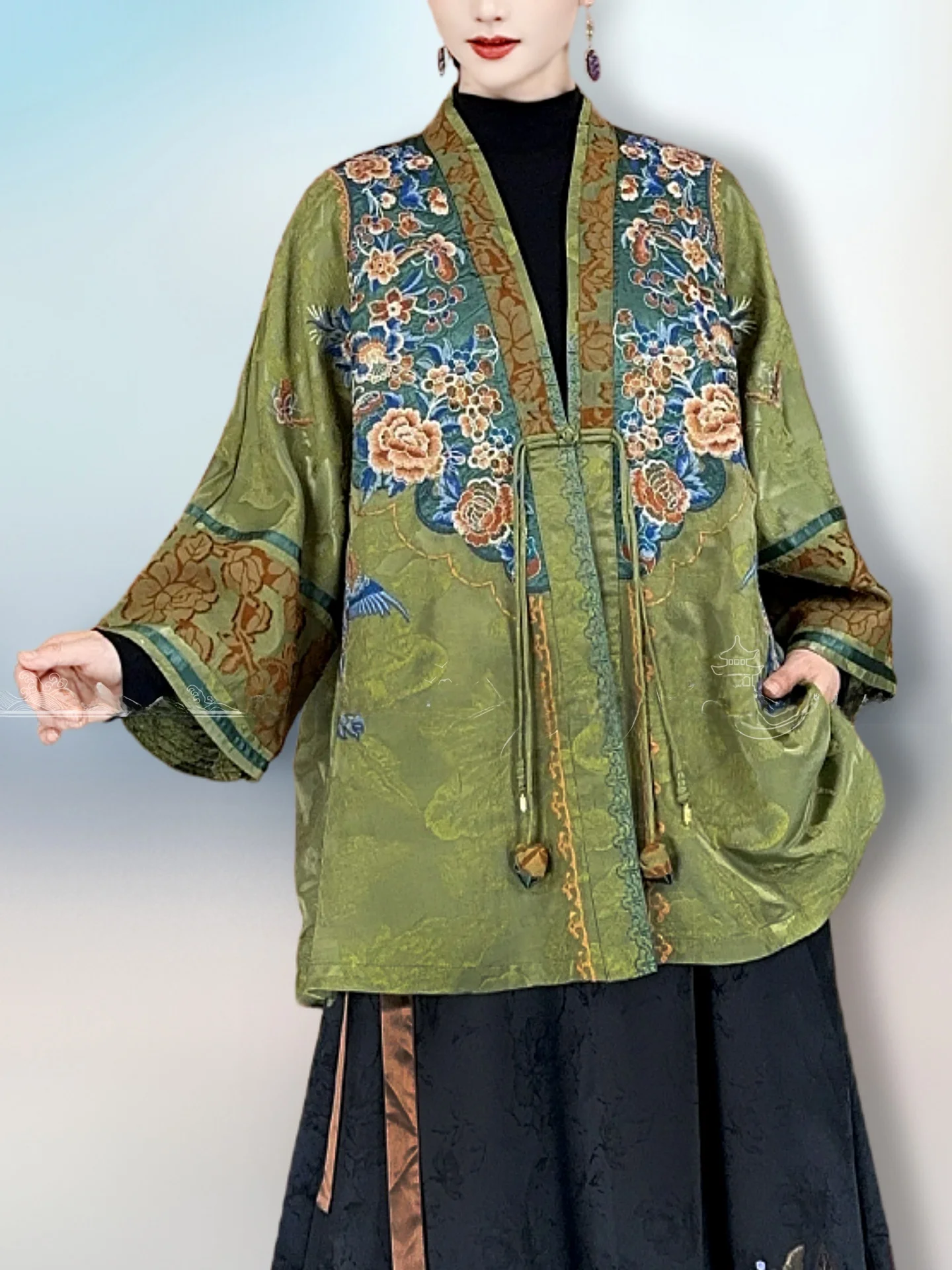 

High-End Embroidery Chinese Sle Jaet V-Ne Long Sve Women's Top Heavy Work Mrs. Clothes Outerwear Faionable Ele