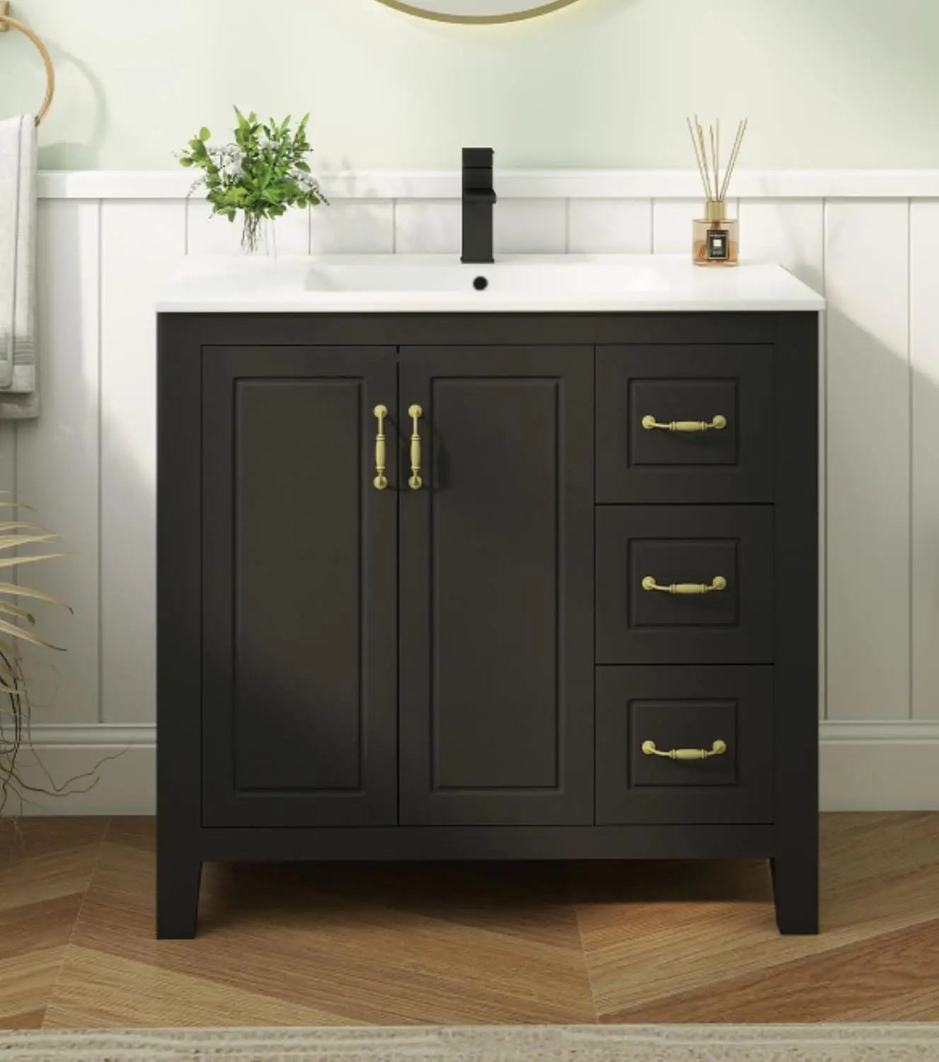 Modern Freestanding Vanity Cabinet, Painted Surface, 2 Soft-Close Doors, 3 Drawers, Faucet & Drain, Customized