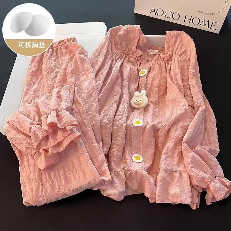 Sweet Women's Pajama Set Cute Cartoon Rabbit Design Solid Color Autumn Homewear Casual Ruffles Well-Fitting Ladies' Sleepwear