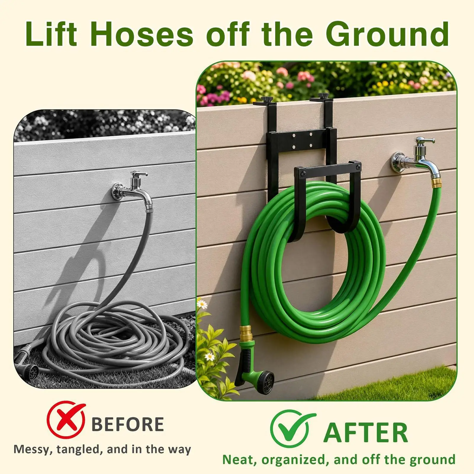 Garden Hose Hanger No-Drill Wall Mount Heavy Duty Bracket Rack Garden Dock Hose Holder for Deck Rail Fence House Pool RV Garage