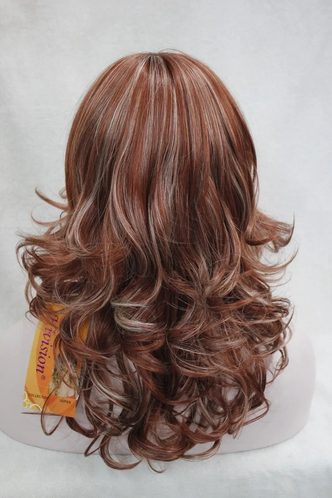 Wholesale Beautiful red-auburn with blonde highlight curly women's long synthetic hair wigs