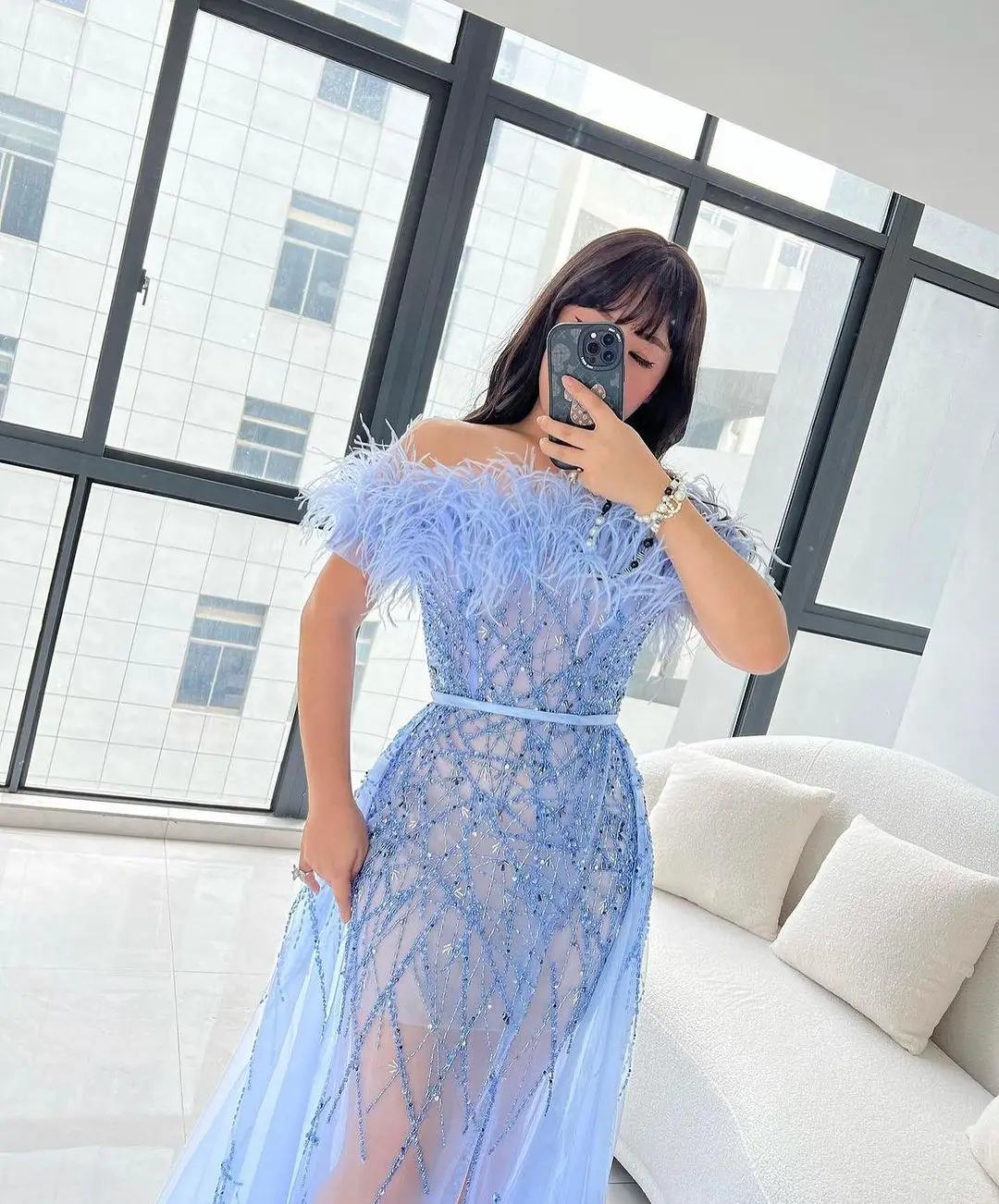 Sapmae Feather Embroidery Sequined Beaded Sheath Vent Tulle Court Train Elegant Prom Formal Evenning Party Dress For Women