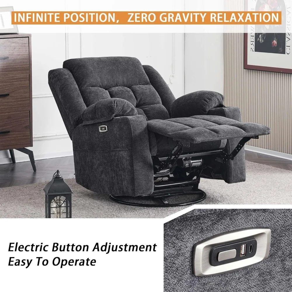 Power Swivel Rocker Recliner Chair Adults Massage, USB and Type-C Ports,Infinite Position, Electric Reclining Single Sofa Chair