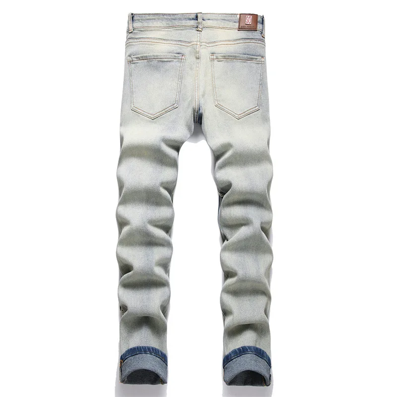 Men's Fashion Punk Style Jeans Pants High Street Slim Fit Denim Trousers Washed Blue Streetwear Hip Hop Bottoms