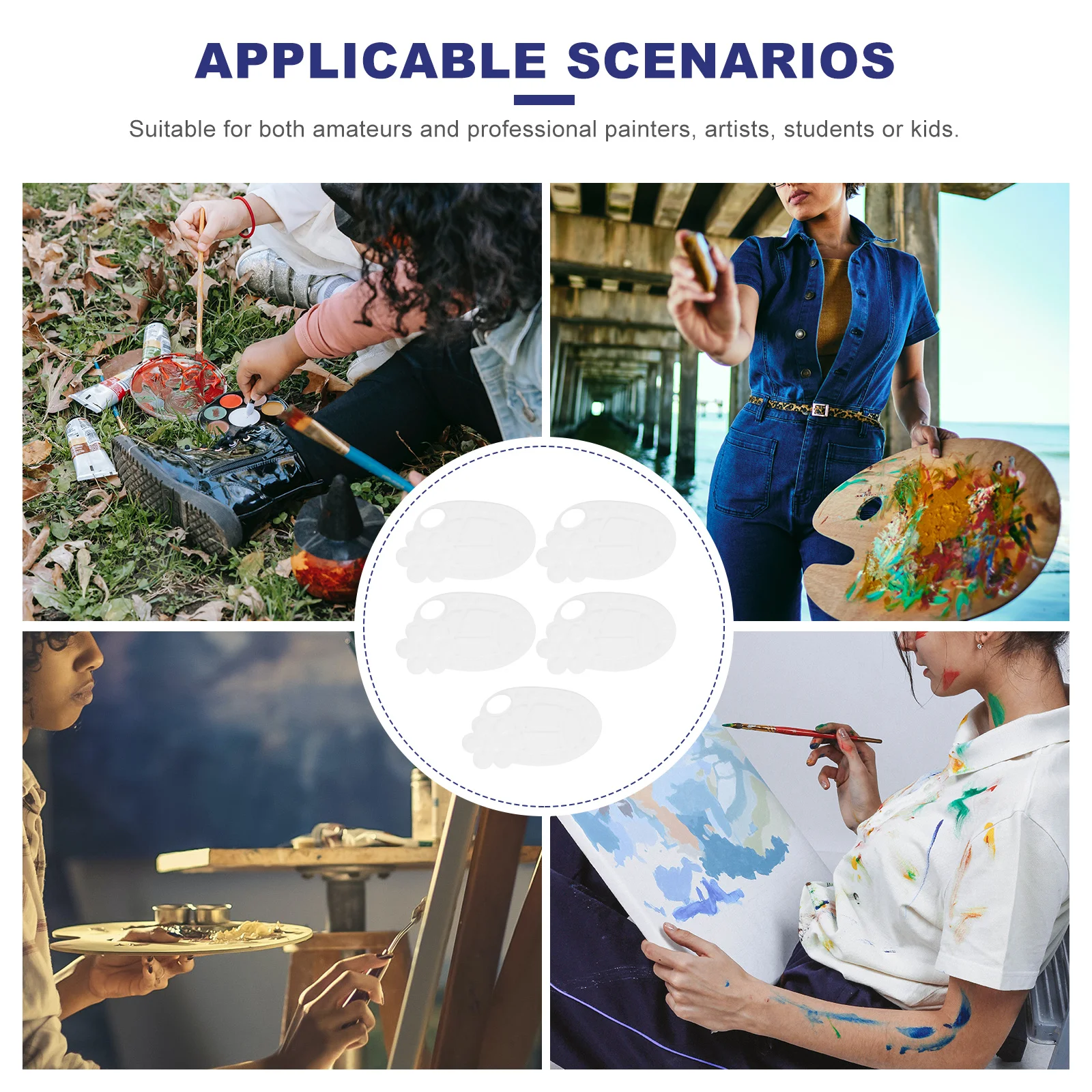

5pcs Plastic Elliptical Palette Color Mixing Board For Oil Acrylic Painting Practical Art Tools Kit Lightweight Portable