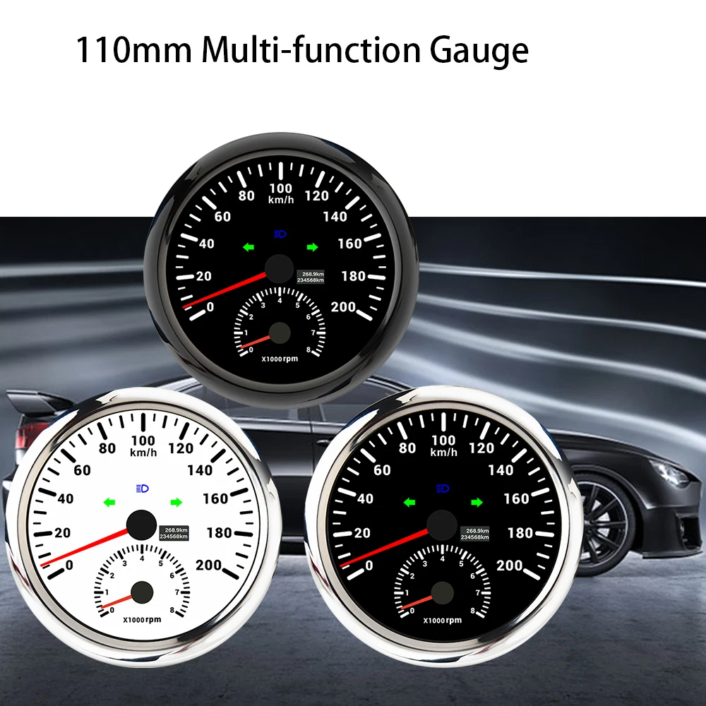 RHAXEL 110mm Speedometer 0-200km/h GPS with 0-8000RPM Tachometer with Total Mileage Red Backlight 12V 24V for Auto Vessels