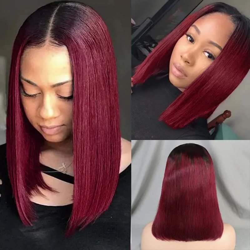 1B/Burgundy Straight Bob Wig Ombre Red With Dark Roots 1B/99J Wig Free Part Straight Short Bob Wig Colored Wigs (Ombre 99J Wig) 