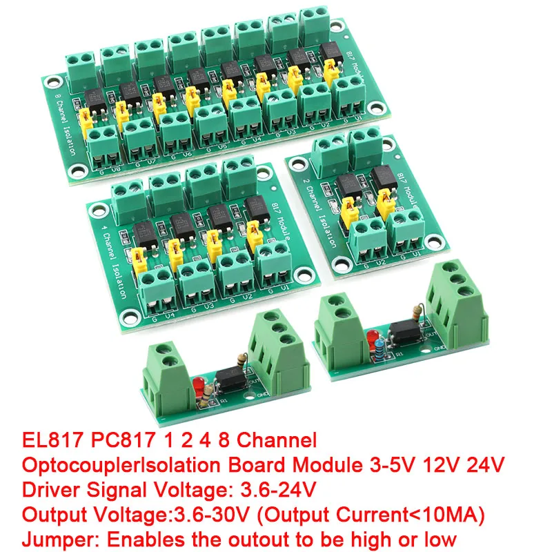 EL817 PC817 1 2 4 8 Way Channel Optocoupler Isolation Module PLC 3V-5V 12V 24V Photoelectric Isolator Optical Coupler Board