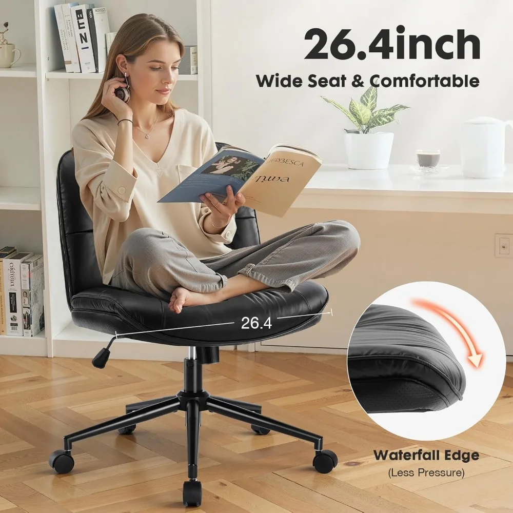 Kursi Kerja Sweetcrispy Criss Cross dengan Roda, Kursi Meja Kantor/Vanity Tanpa Sandaran Tangan Berbahan Kulit PU dengan Dudukan Lebar, Nyaman dan Dapat Diputar