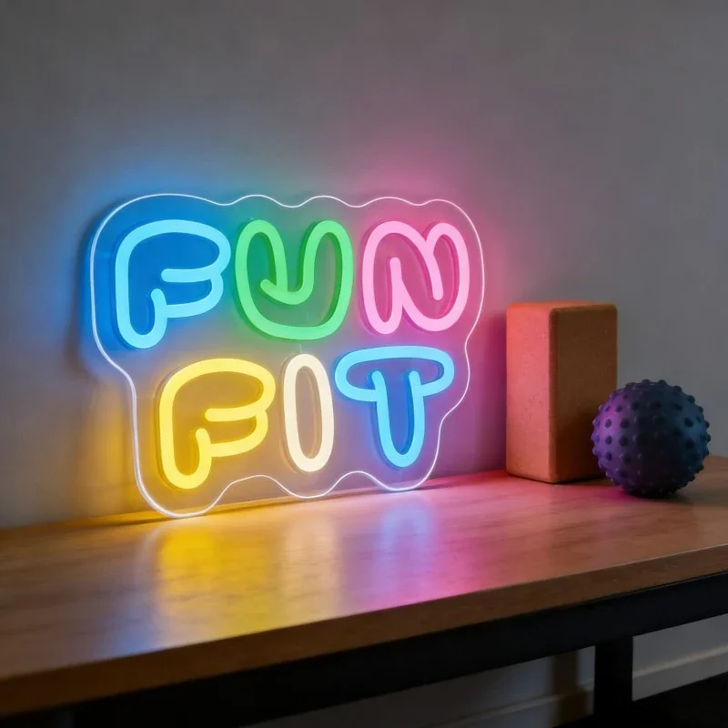 Fun Fit Neon Sign LED Cartoon Letter Shape USB Reusable Aesthetic Room Wall Decor for Gym Fitness Yoga Studio Exercise Setup