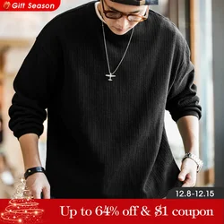 Maden Black Crew Neck Sweater for Men Loose-fit Knitted Hoodie Autumn Casual Drop-shoulder Sleeve Pullover Stretch Ribbed Collar