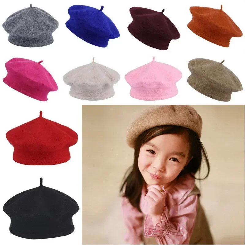 

Baby Kids Girls Beret French Artist Warm Wool Winter Beanie Hat Retro Vintage Plain Beret Solid Color Elegant