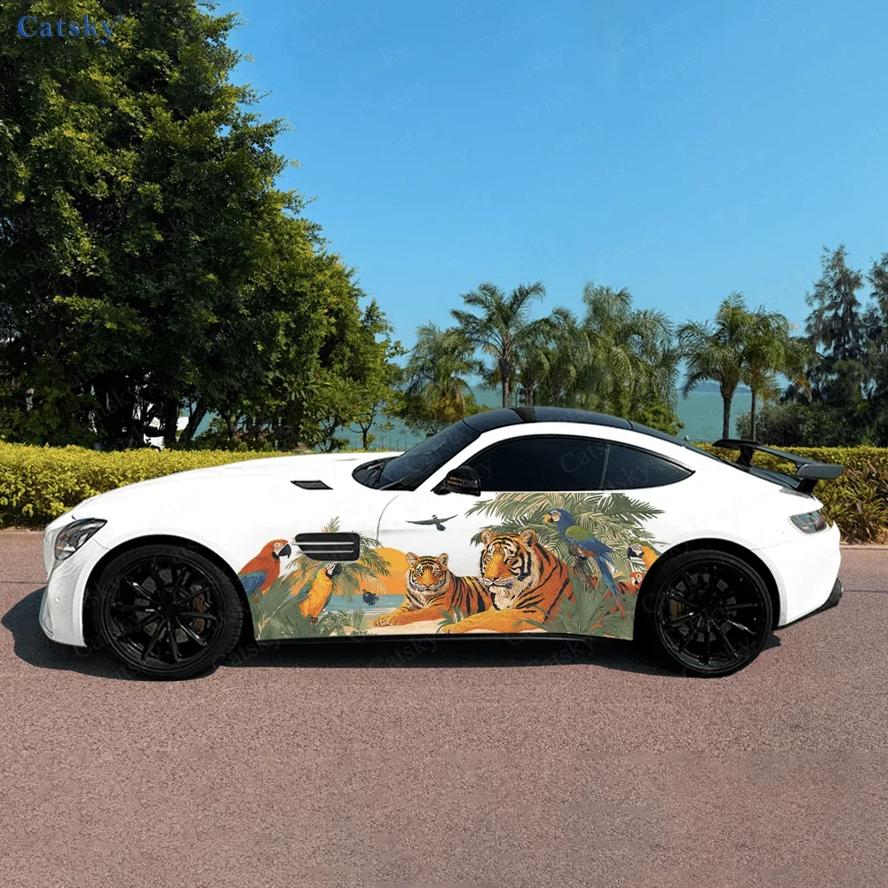 Beach Tigers Parrots Car Side Sticker Decoration, PVC Waterproof Scratch Resistant Decal, Car Protection, Auto Accessories Gift