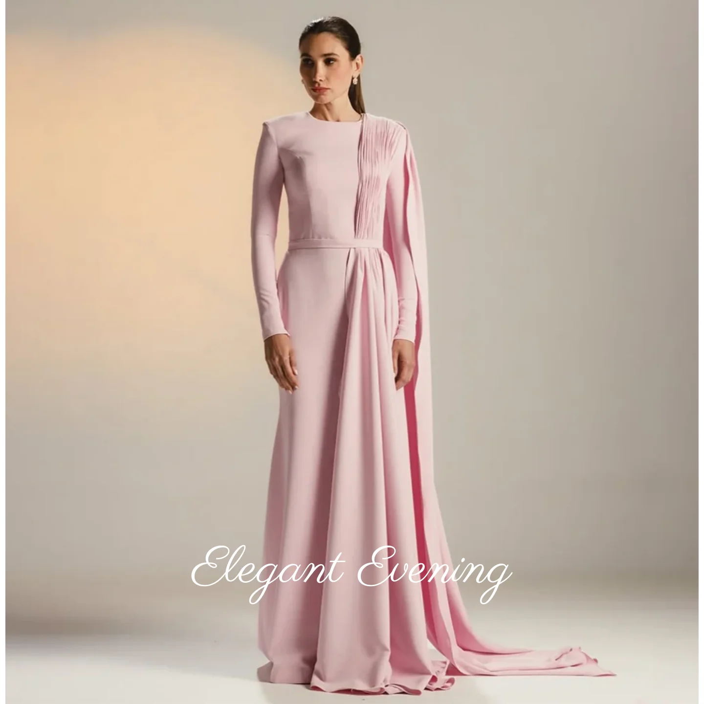 Pink Luxury Prom Dresses Long Sleeves Scoop Neckline Evening Dress Pleated Ruched Ruffle Saudi Arabia Women's Customized