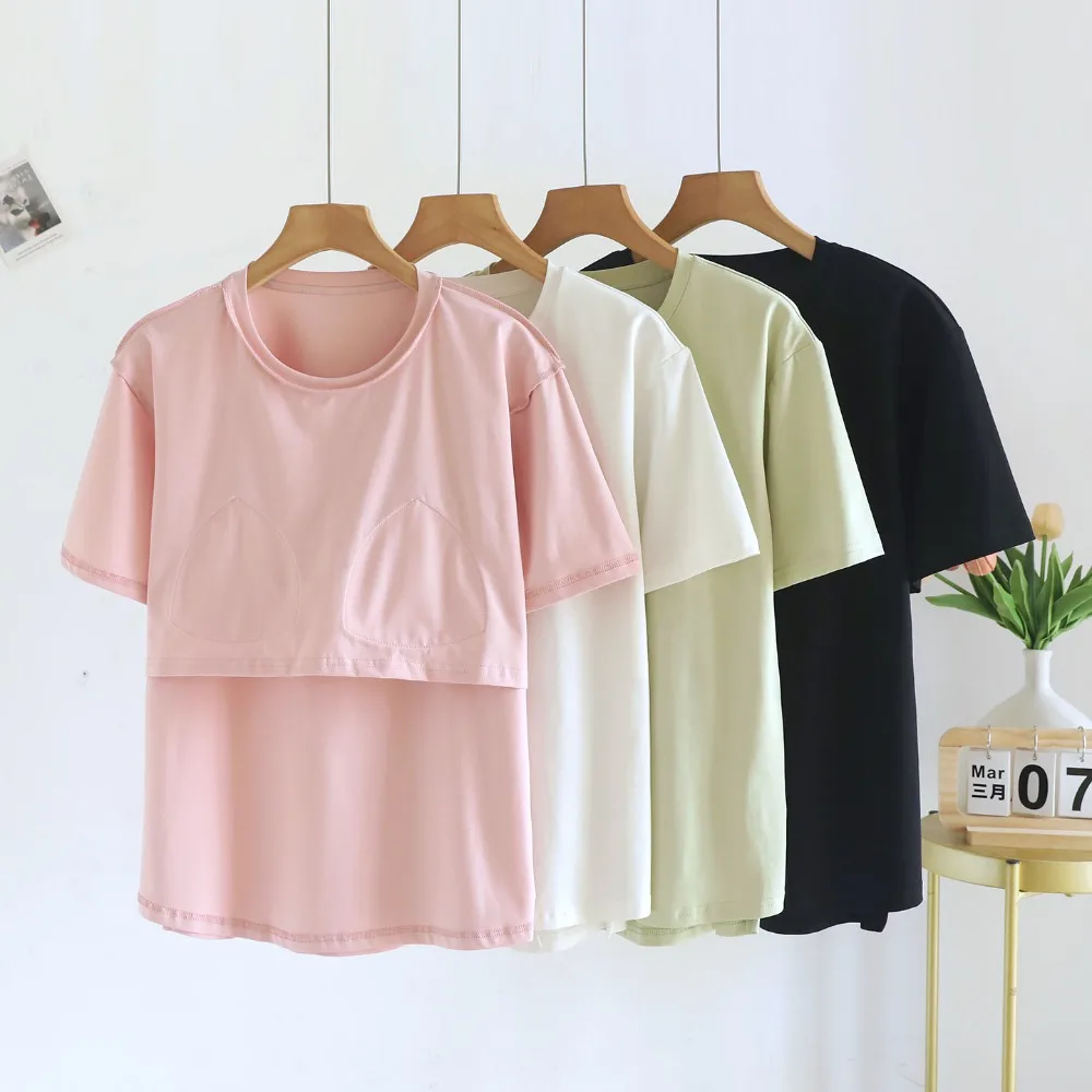 

Thin Women's Pajamas Top With Cups Pure Color Nightwear For Woman Pyjamas New Summer Short Sleeve Sleepwear Night Wear Female