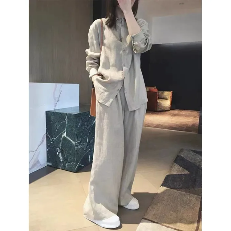 Women's Cotton Linen Set Casual Sle Two-Piece Suit Autumn Faion Design Sensation Large Size irt And Straight Leg Pants