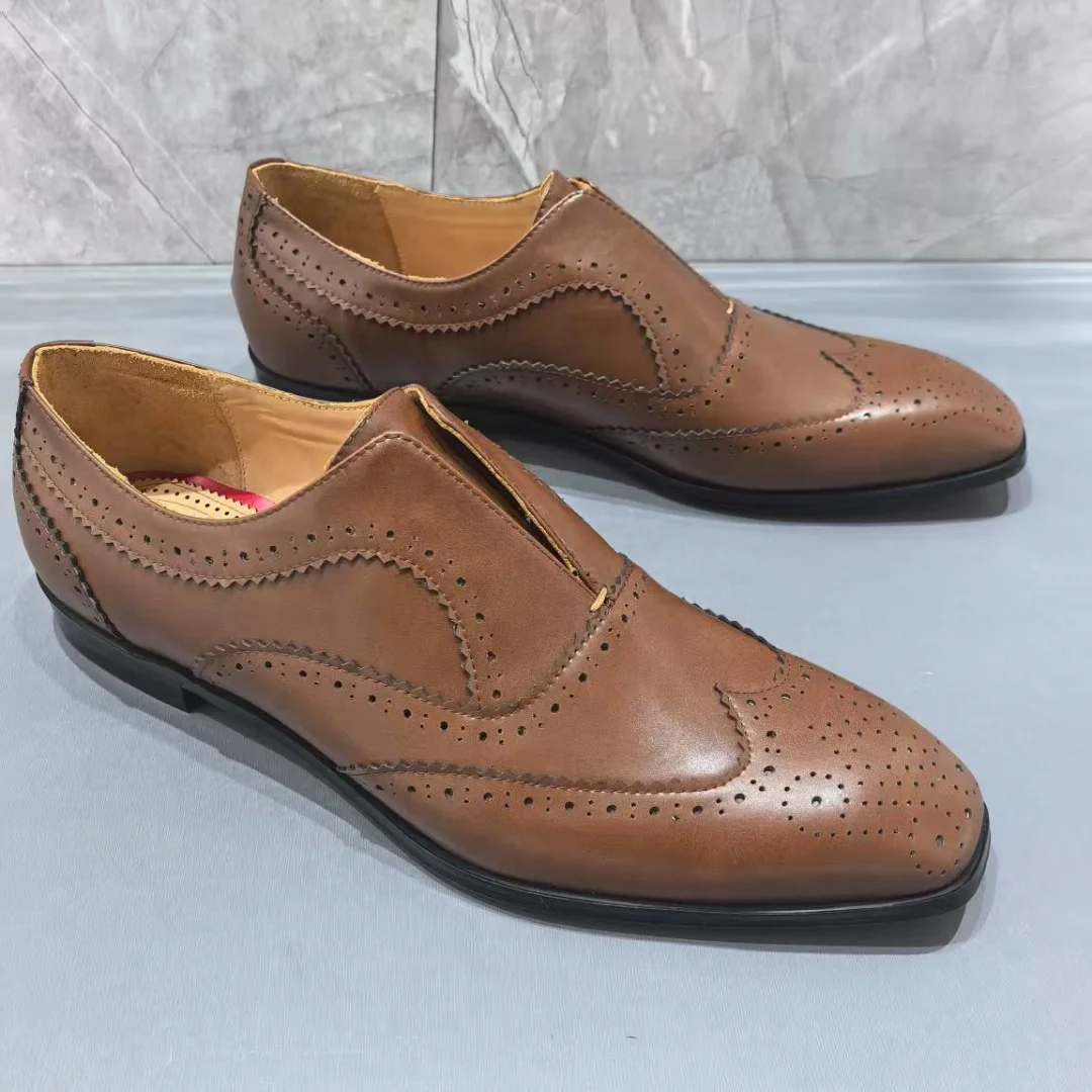 

Brown Leather Breathable Holes Single Shoes For Men Square Toe Slip On Red Sole Zapatos Para 40-48 Large Size Business Style New