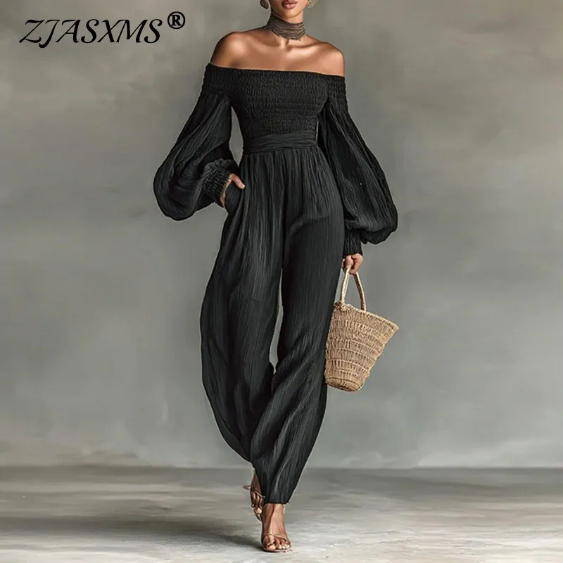 Women Solid Off Shoulder Backless Jumpsuits Lantern Long Sleeve Pleated High Waist Pockets Overalls Casual Holiday Party Rompers