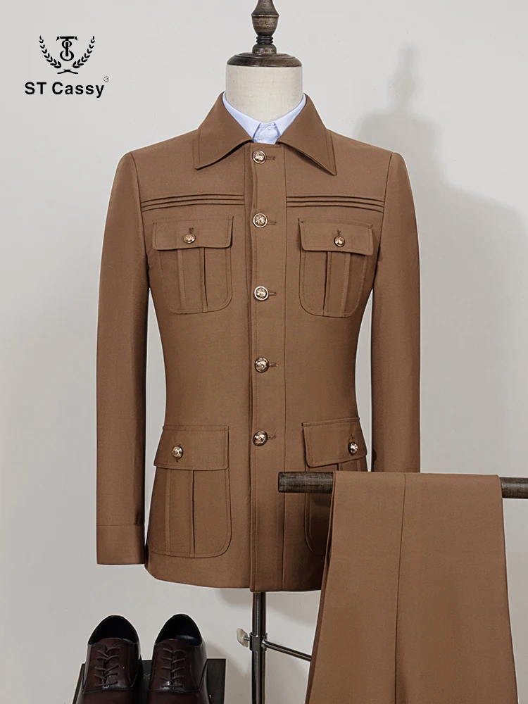 ST Cassy brown safari Men suits Slim fit Classic Fit Multi Buckle Multi Pocket  Casual Business Set Men's 2-piece Set