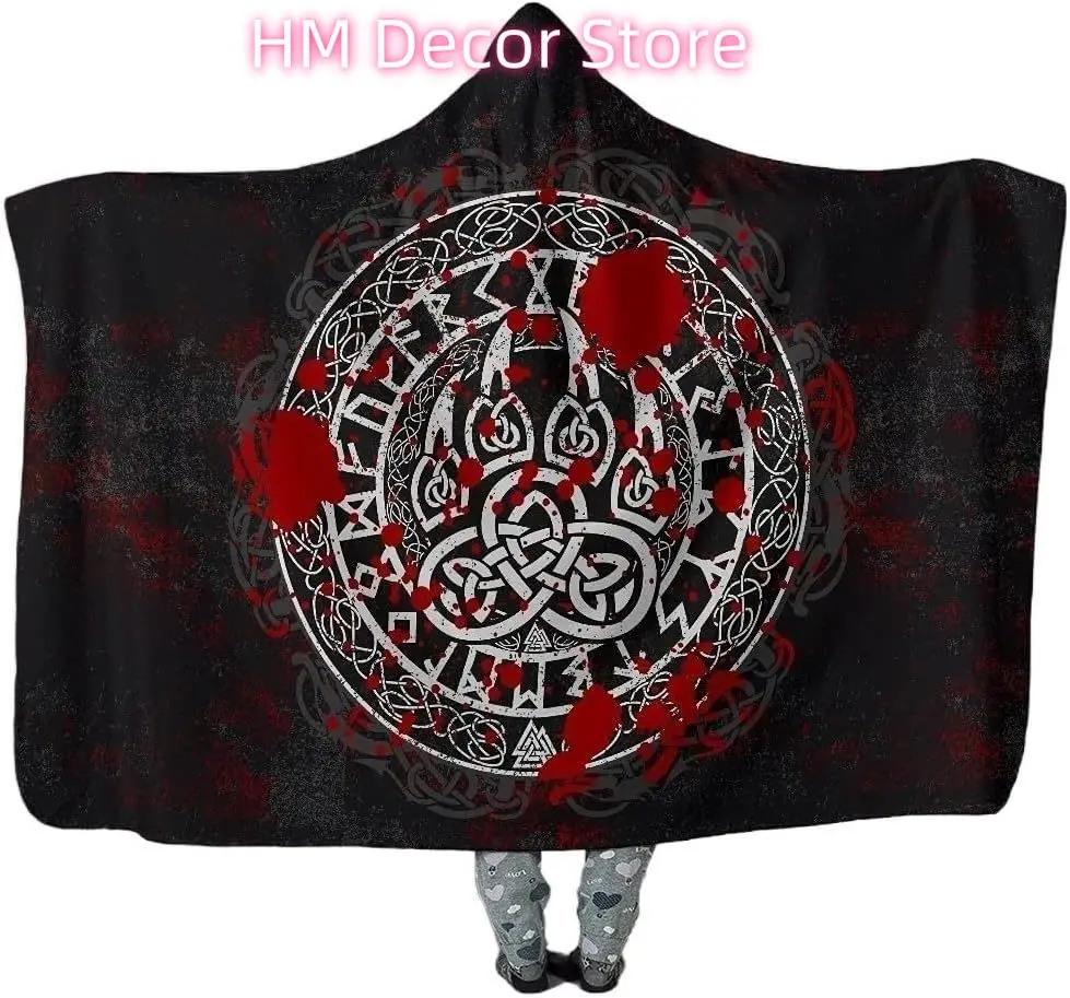 Viking Hooded Blanket Cloak Norse Bear Claws Pattern Cape Casual Warm Wearable Blanket Novelty Viking Throw with