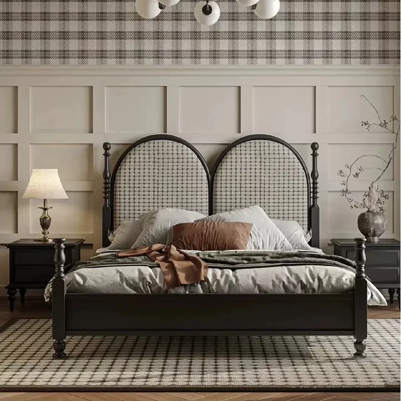 Nanyang Style Retro Solid Wood American Country Roman Column Double Bed Fabric Soft Single Bed
