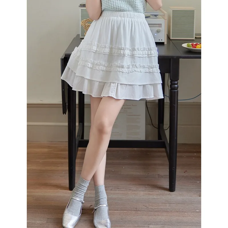 Korean Girly Skirt Women Summer New Double-layer Lace Design Solid Y2k Skirt Casual Loose Versatile Mini Skirt Female