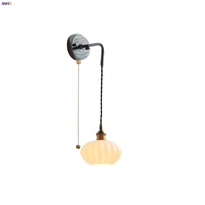 

IWHD Iron Canopy LED Wall Lamp Pull Chain Switch Hallway Reading Nordic Modern White Ceramic Wire Adjustable Stair Light Sconce