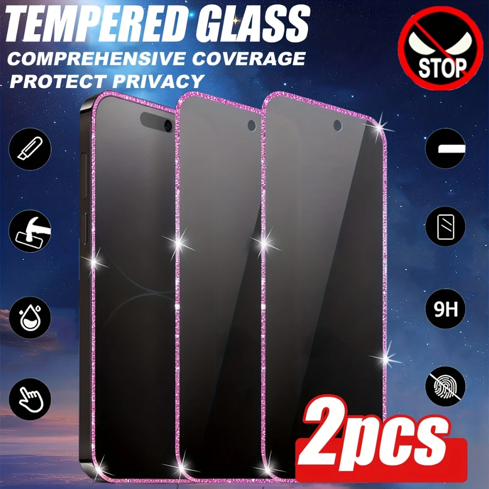 

NNBILI 2Pcs Pink Rainbow Privacy Screen Protector for iPhone 17Pro Max 16 15 14 Pro Max- Glitter Pink Frame Tempered Glass Film