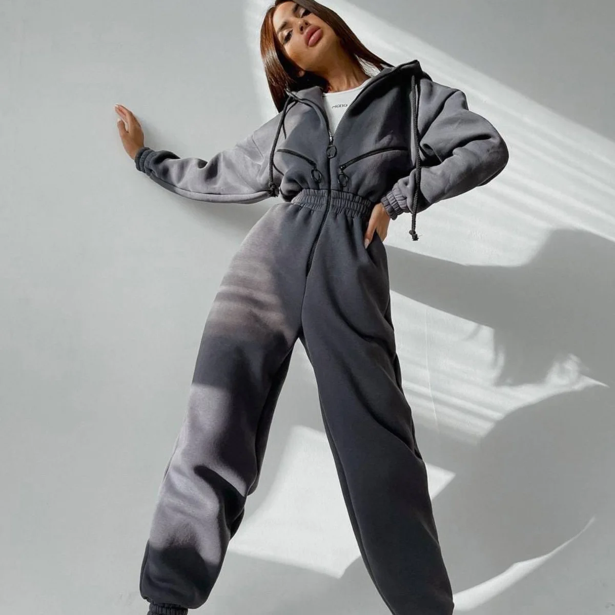 Prowow Fashion Women Jumpsuits Zipper Hooded Thick Fall Winter Female One-piece Romper High Waist Slim Fit Tracksuits Clothing