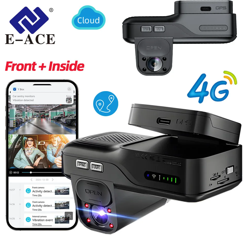 

E-ACE 4G LTE SIM DashCam Автомобильный видеорегистратор Камера в реальном времени Видео GPS Отслеживание Дистанционный монитор Live-View Передняя + Внутренняя запись автомобиля Бесплатное приложение