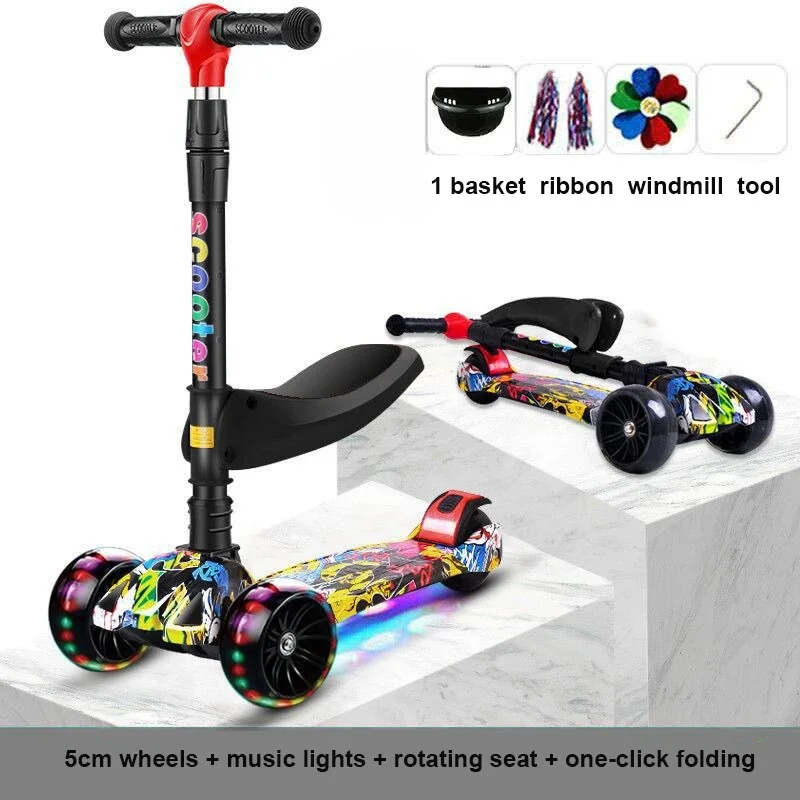 3 Wheeled Scooter with Wheel Lights for Kids 2-in-1 Sit/Stand Child Toddlers Toy Kick Scooters Flip-out Seat Adjustable Height
