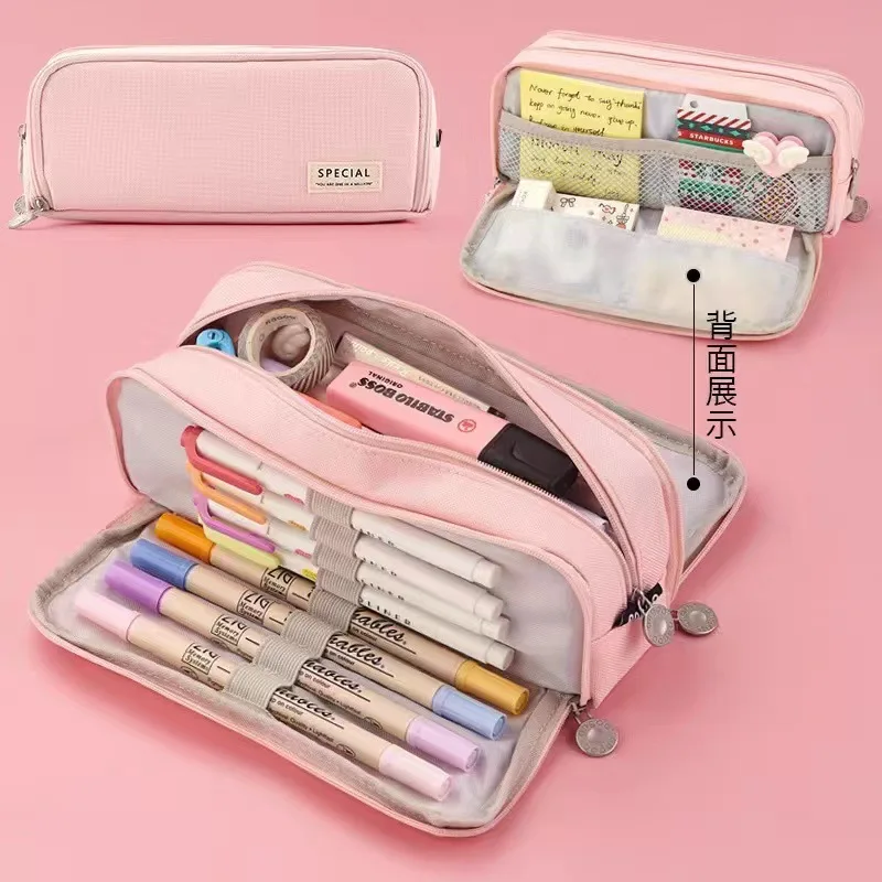 Large Capacity Pencil Case with 3 Compartments Double-Sided Opening Pen Storage Bag School Stationery Supply Pencil Holder Pouch