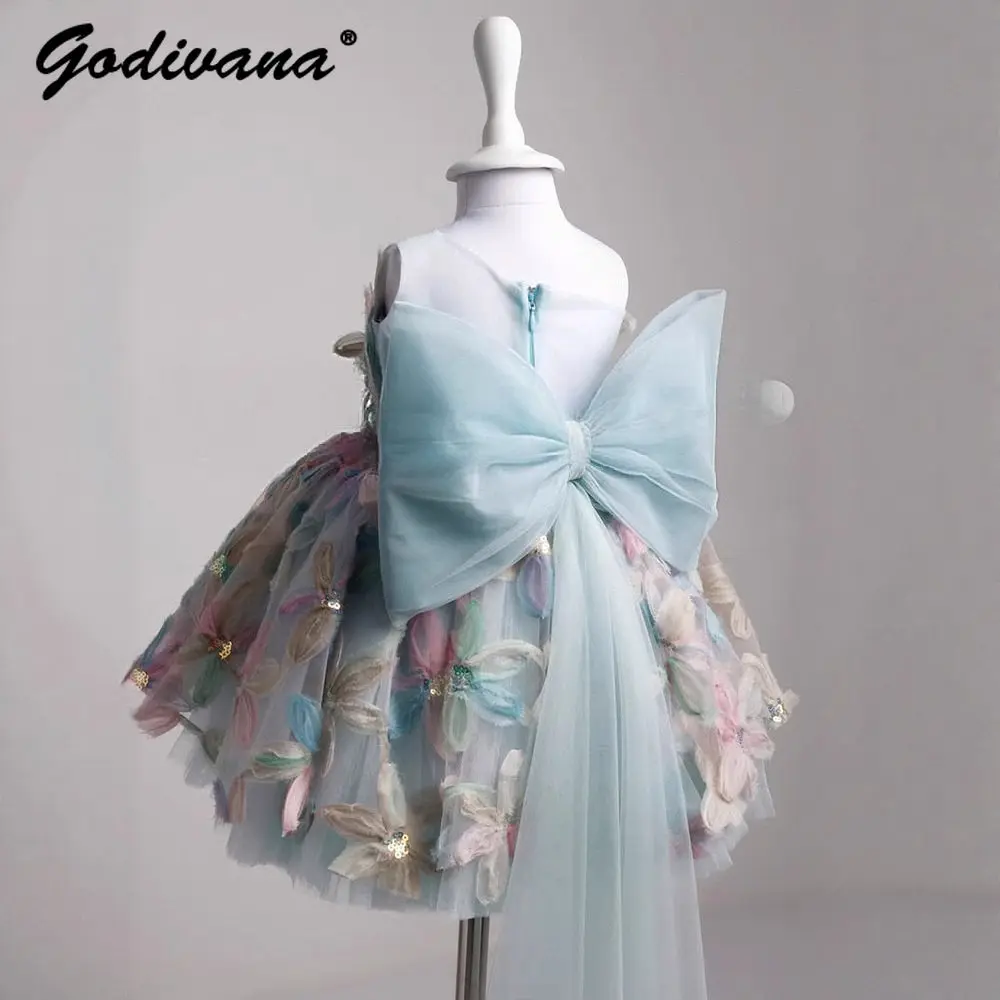 baby girls summer new high end heavy sweet 3d floral princess dress childrens host performance runway bow train tulle tutu dress